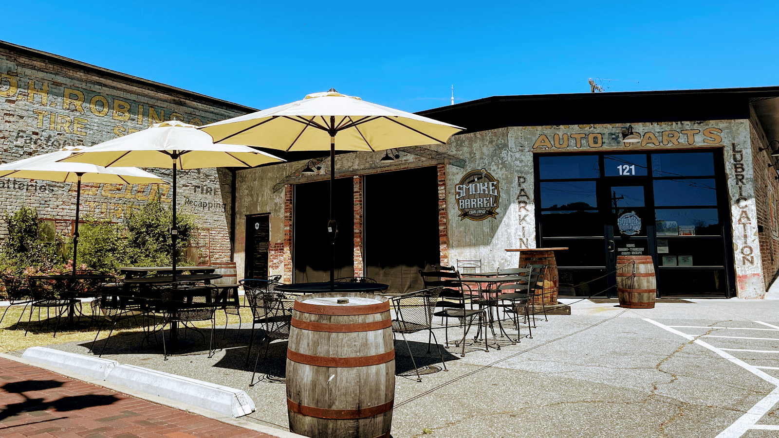 The patio at Smoke & Barrel Cigar Lounge in Mount Holly, North Carolina